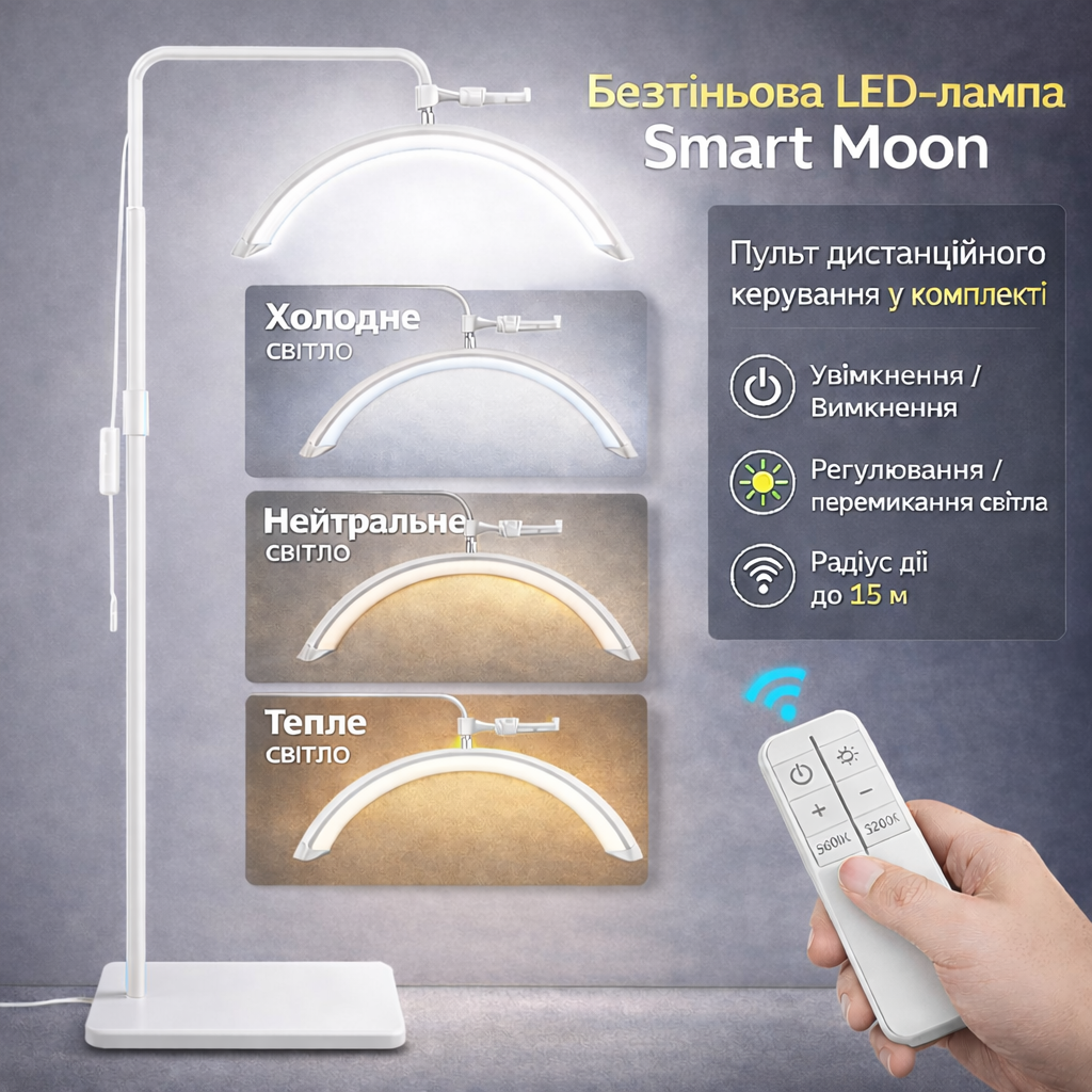 Безтіньова LED-лампа підлогова Smart MOON Light HD-M6X 24", 36Вт, з тримачем для телефону, складана, півмісяць Біла, фото 1