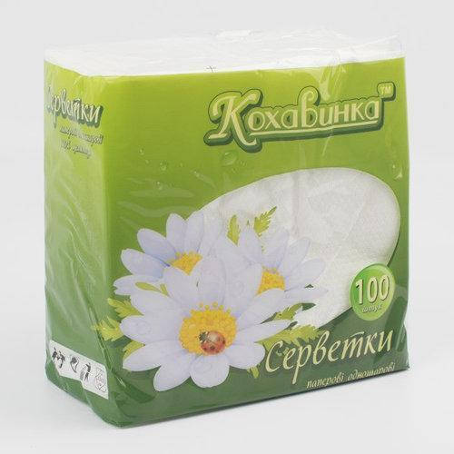 

Салфетки однослойные, белые 33x33см (100 шт. / уп.) «ТМ Кохавинка», Белый