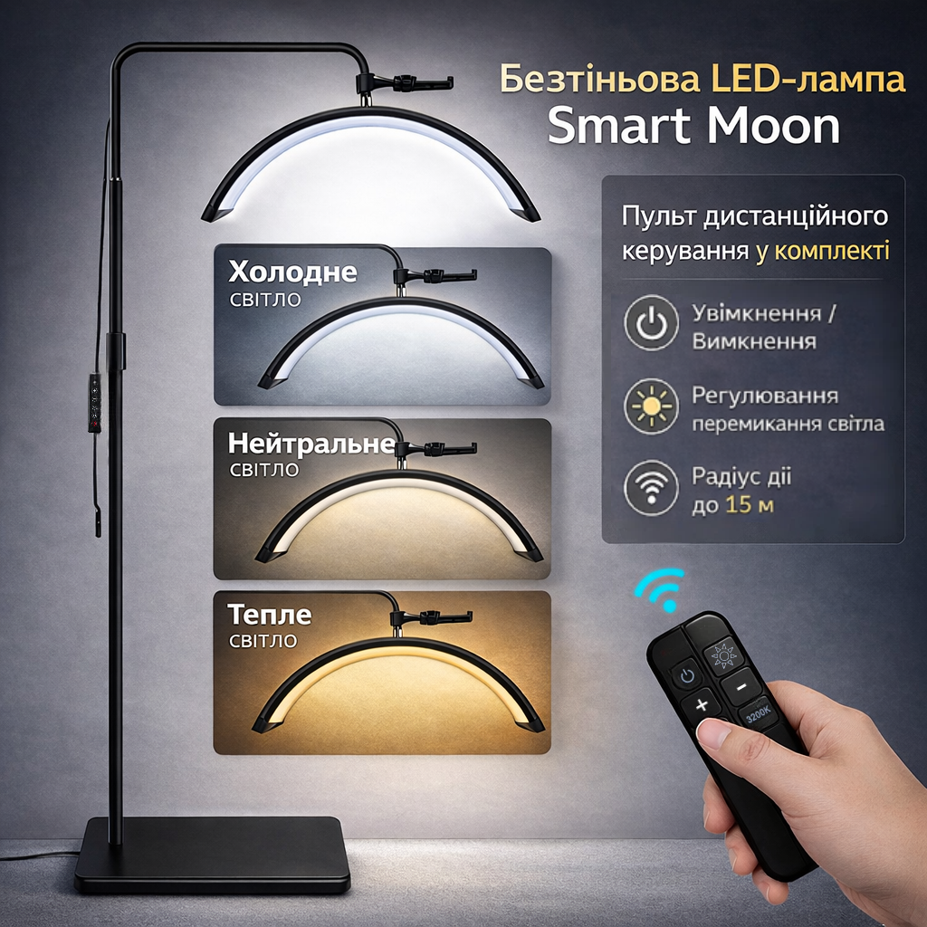 Безтіньова LED-лампа підлогова Smart MOON Light HD-M6X 24", 36Вт, з тримачем для телефону, складана, півмісяць Чорна, фото 1