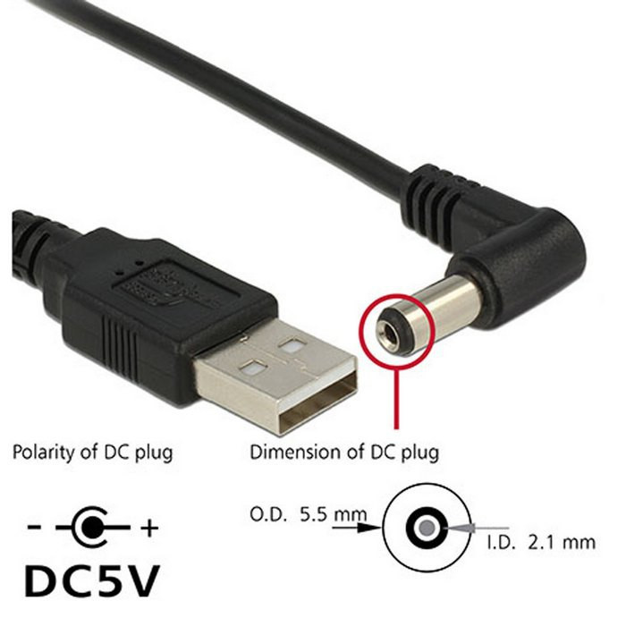 Кабель USB А на штекер живлення 5.5-2.5 кутовий 1,2 м