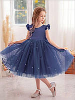 Дитяча святкова сукня з жемчугом та рюшами-крильцями для дівчинки в темно-синьому кольорі 5-6 років (120)