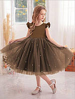 Дитяча святкова сукня з жемчугом та рюшами-крильцями для дівчинки Шоколад 5-6 років (120)