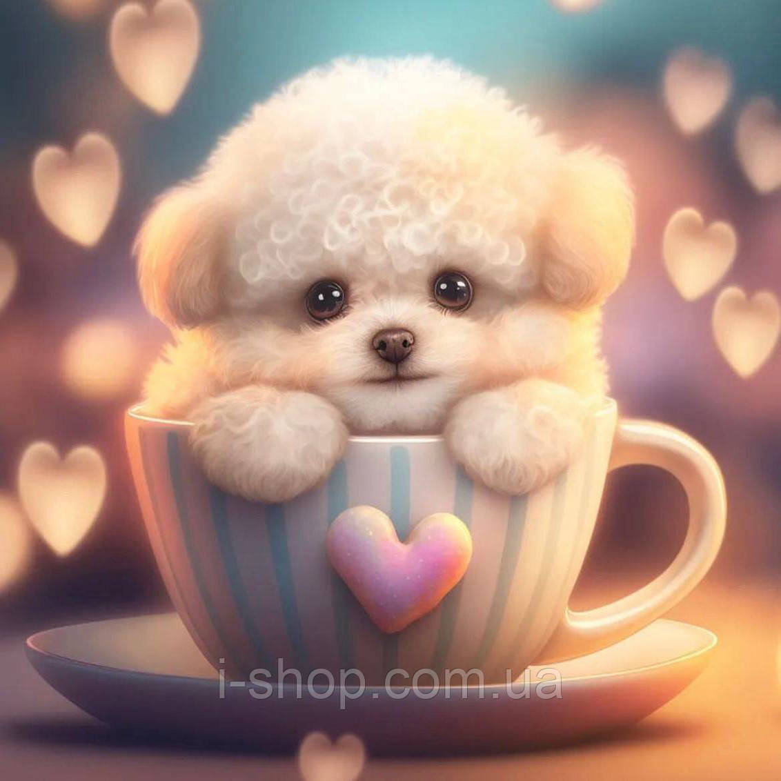 Алмазна мозаїка собака цуценя в чашці з серцем 20х20 см дитяча алмазна мозаїка в рамці Dreamtoys, фото 1