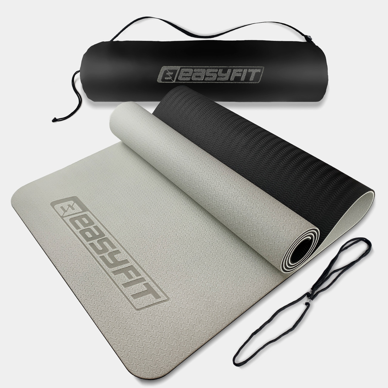 Килимок для йоги та фітнеса EasyFit TPE+TC 6мм двошаровий + Чохол сірий з чорним, фото 1