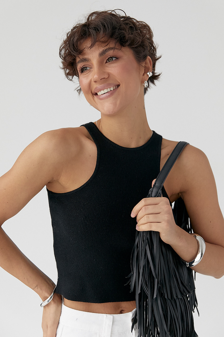 В'язана коротка майка в рубчик - чорний цвет, ONE SIZE (є розміри), фото 1