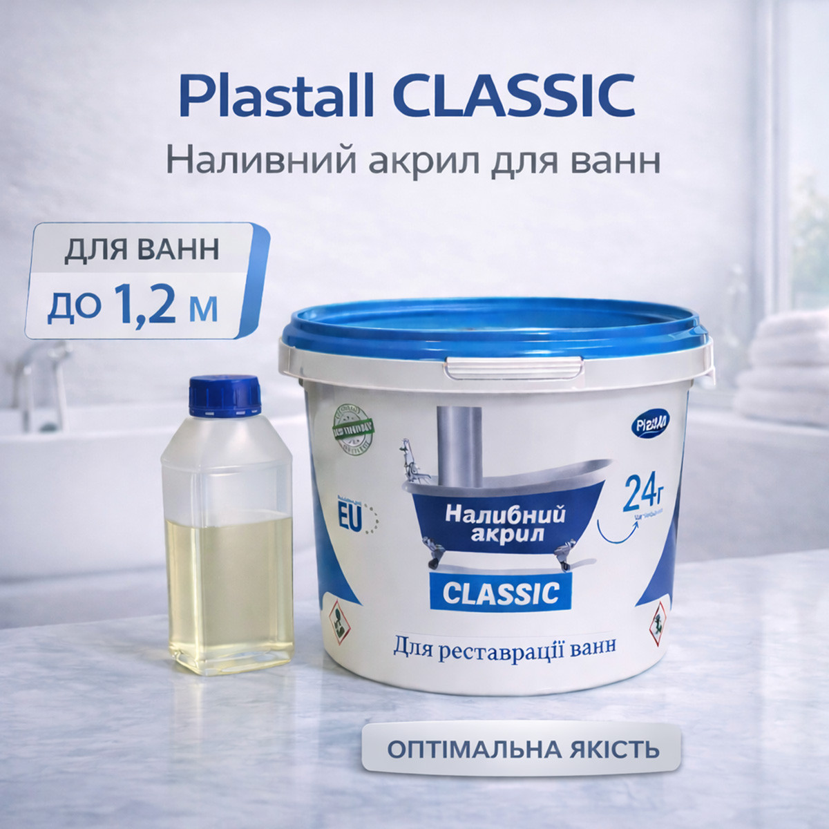 Наливний акрил для ванни до 1,2 м Plastall Classic — білий глянцевий комплект для якісного оновлення ванни