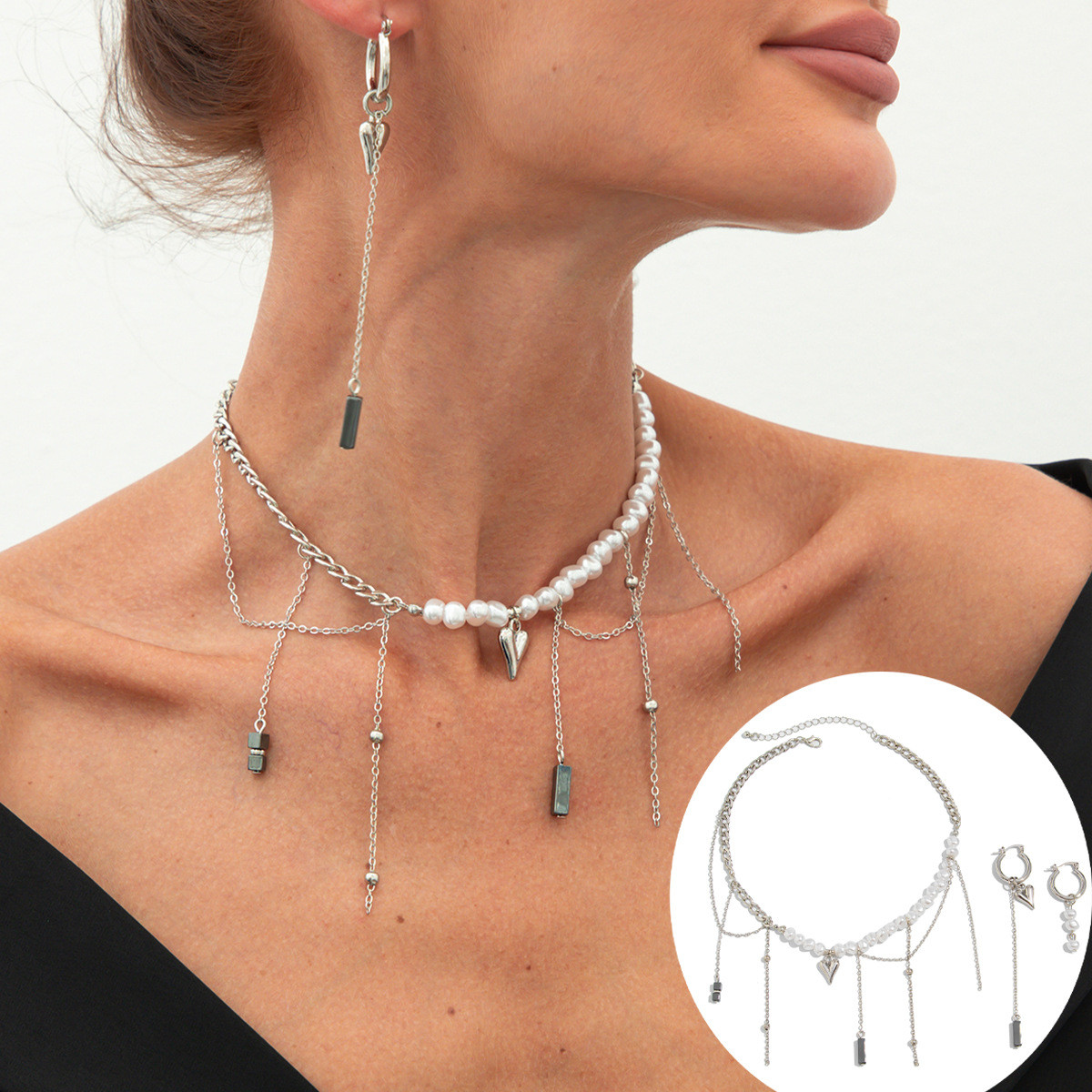 Комплект сережки і кольє вечірні сріблясті з перлами, фото 1