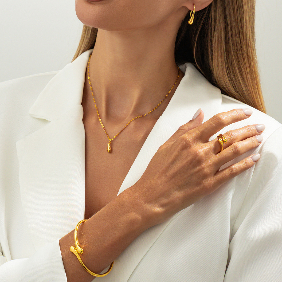 Комплект сережки, кольє, браслет, каблучка вечірні золотисті, фото 1