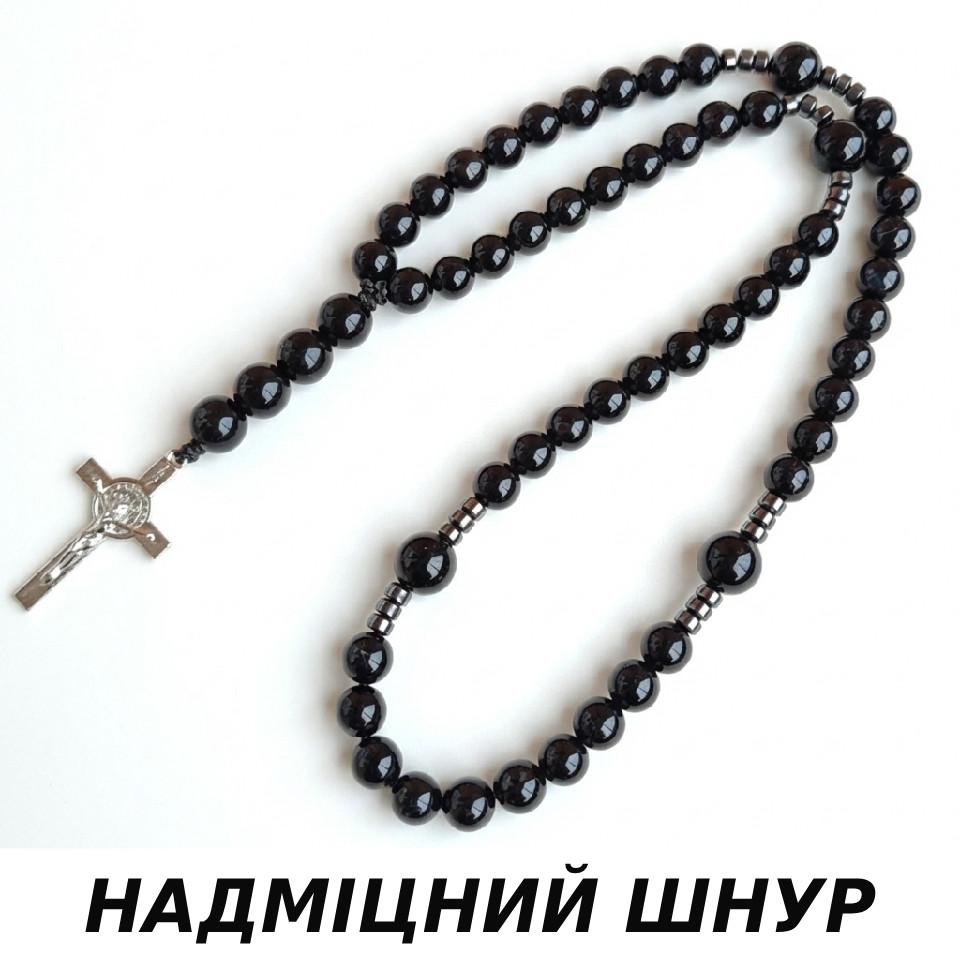 Чотки з Чорного агату 50 намистин d 8 мм із хрестом