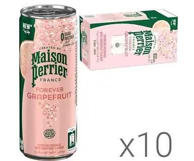 Maison Perrier Forever Grapefruit, Упаковка 10 шт. х 0,25 л, Вода мінеральна зі смаком Грейпфруту Мейсон Пер'є, без цукру, ж/б