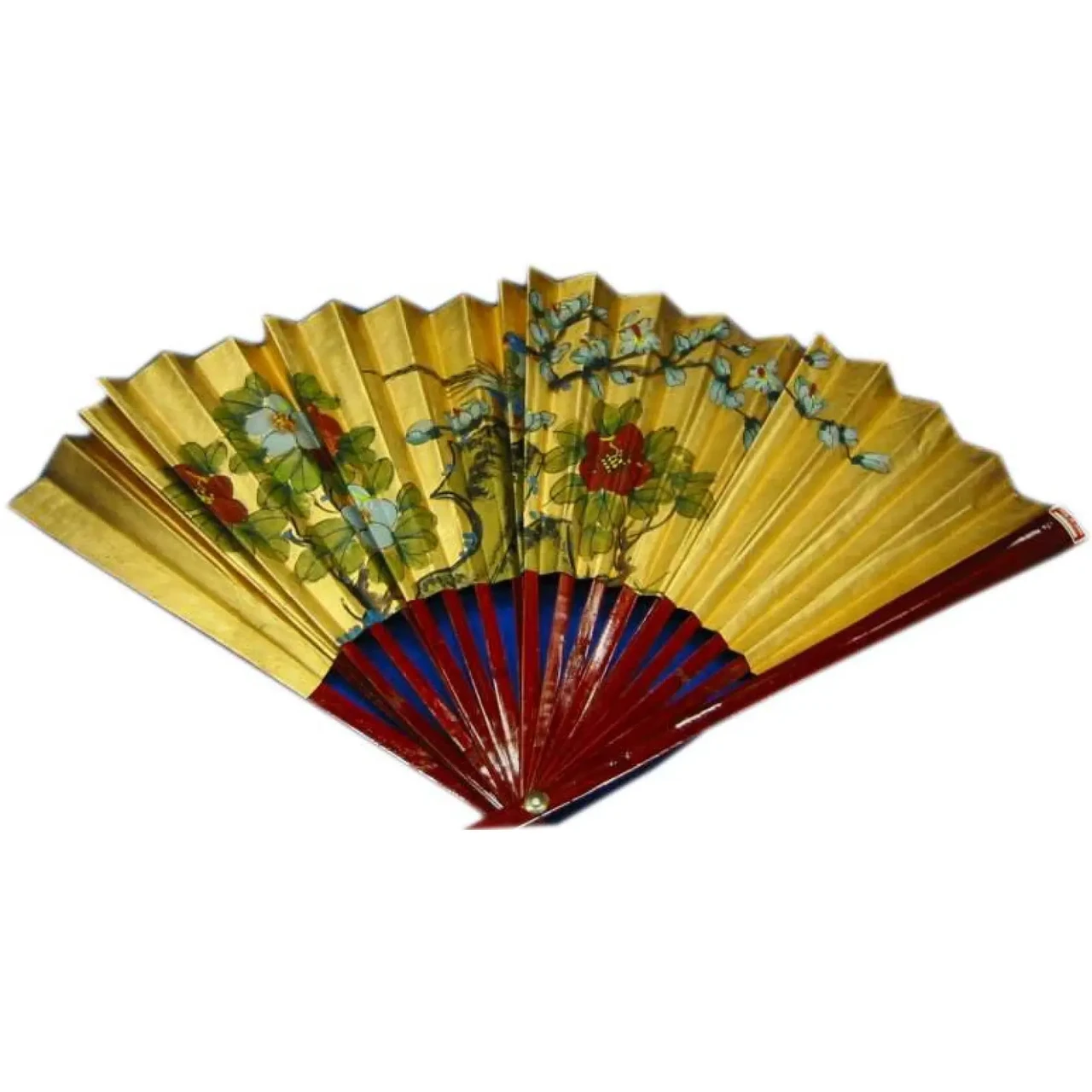 Віяло розмальоване на стіну Сакура та квіти на золотистому тлі, фото 1