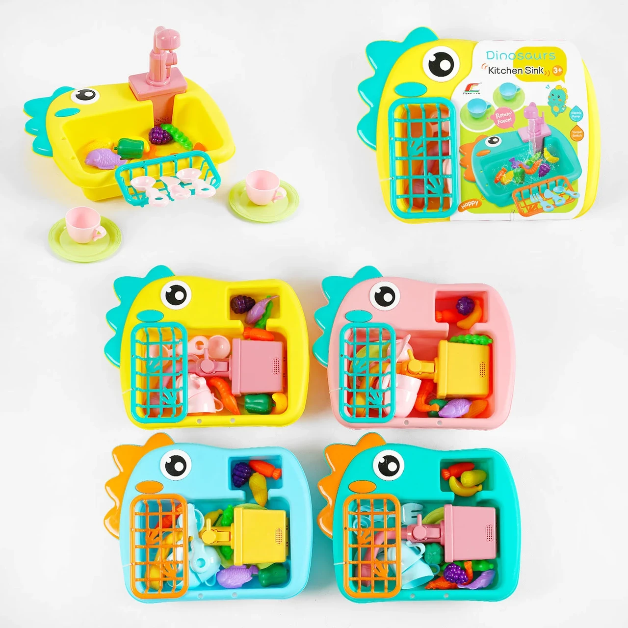 Мийка дитяча, автоматичний кран на батарейках, ллється вода, сушарка, посуд, продукти, фото 1