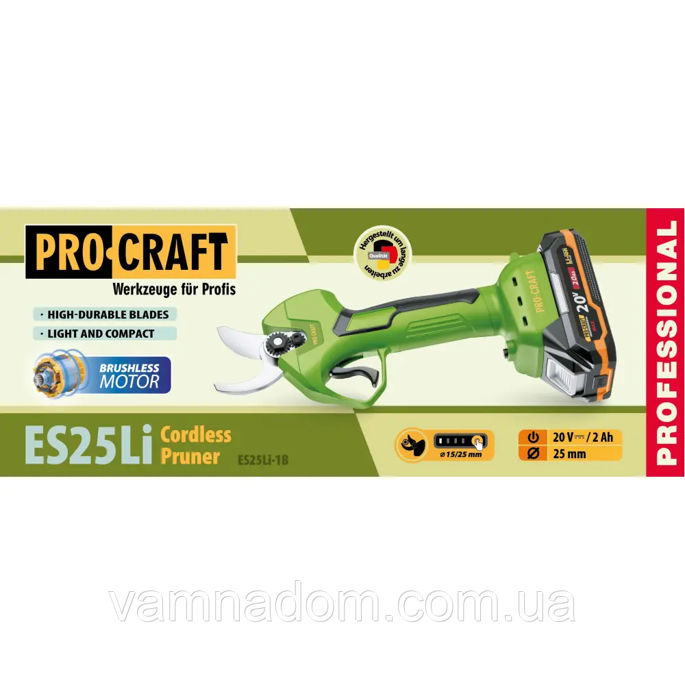 Акумуляторний секатор Procraft ES25Li (з 1 акб), фото 1