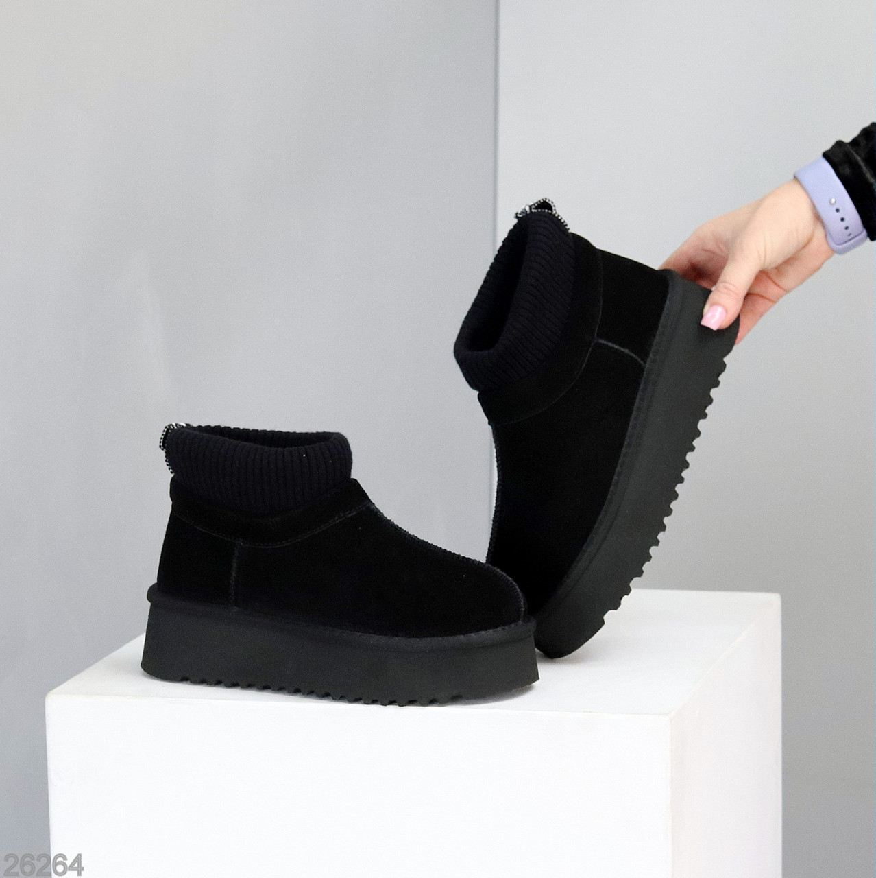 Актуальні чорні уггі натуральна замша з текстильним манжетом, фото 1