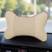 Підголівник у машину з екошкіри, 24x14 см (Подушка в машину під голову) Бежевий