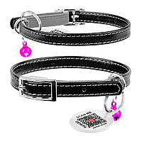 Нашийник для котів шкіряний Waudog Glamour з QR паспортом XXS 9 мм х 22-30 см Чорний (32481 Col)