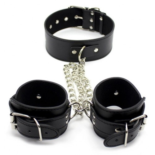 Фіксатор бондажу набір нашийника і наручників шкіряний чорний з ланцюгом і замками, фото 1