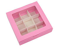 Коробка для 9 цукерок 15,3 х 15,3 х 3,5 см Рожева з вікном