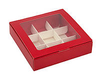 Коробка для 9 цукерок 15,3 х 15,3 х 3,5 см Червона з вікном