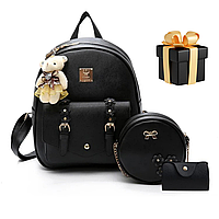 Набір 3 в 1 жіночий рюкзак чорний сумка, візитниця з брелоком у подарунок комплект три в одному для дівчинки