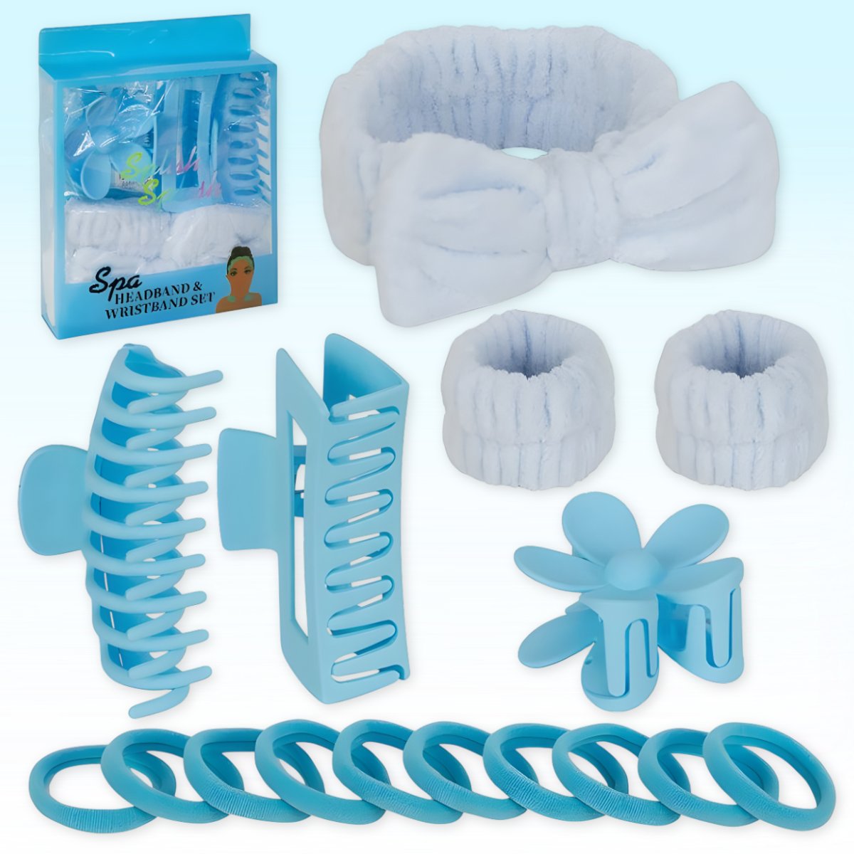 Набір аксесуарів для догляду за обличчям із пов'язкою та напульсниками "Spa Headband & Wristband Set" 1873-3 Блакитний, фото 1