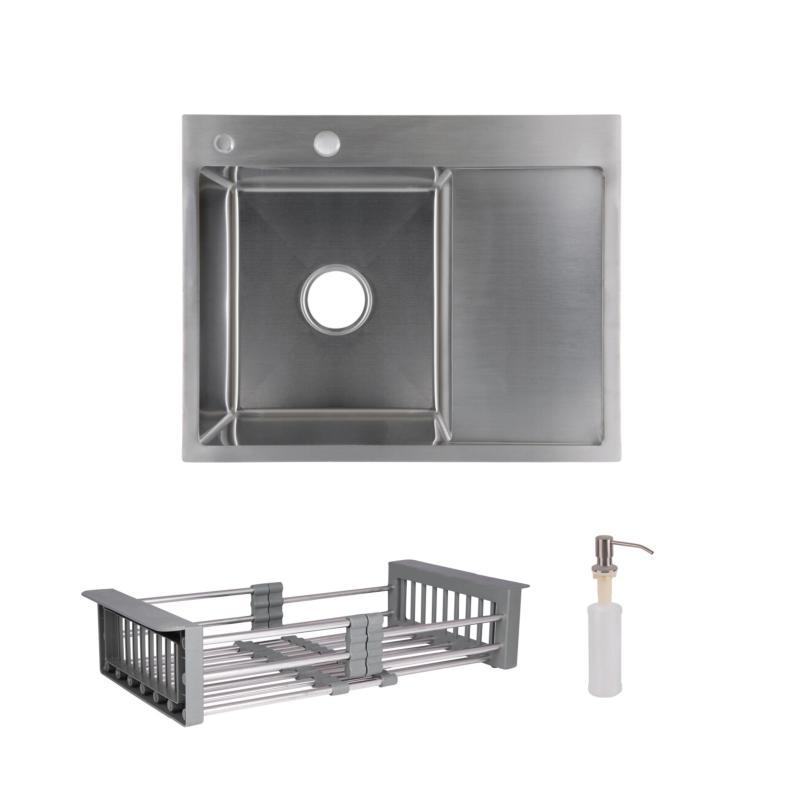 Комплект Lidz Handmade H6350R Мийка для кухні інтегрована крило зправа Brushed у комплекті з дозатором + Lidz K01G Корзина для, фото 1