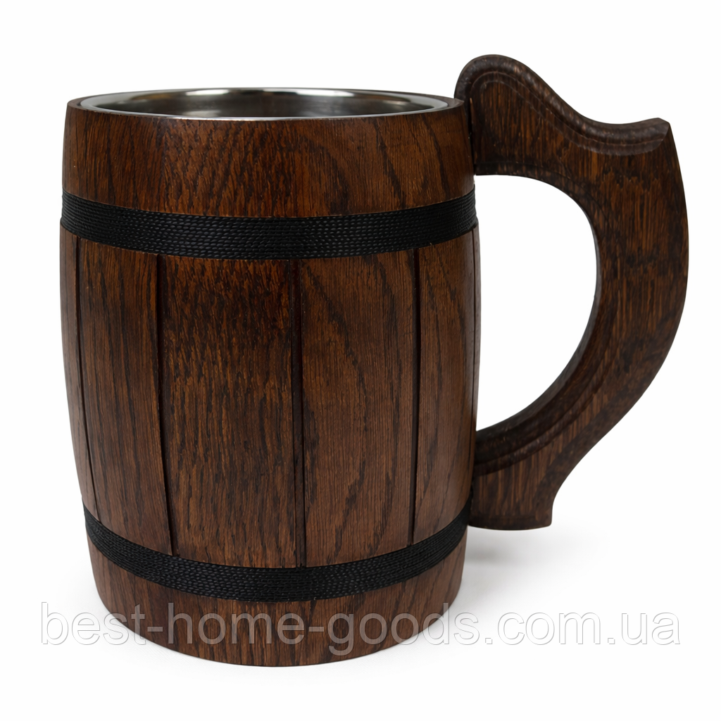 Дерев’яний пивний кухоль з металевою вставкою ручної роботи 0.5 л | Подарунок чоловікові | Келих для пива, фото 1