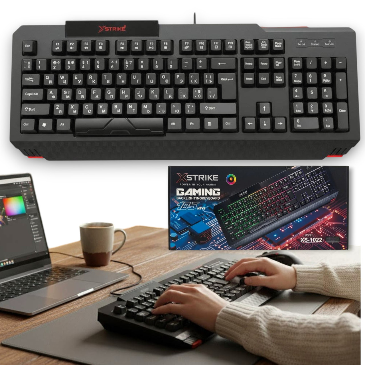 Ігрова клавіатура XSTRIKE XS-1022 RGB USB, дротова, повнорозмірна, мембранна, 105 клавіш, для ПК, чорна, фото 1