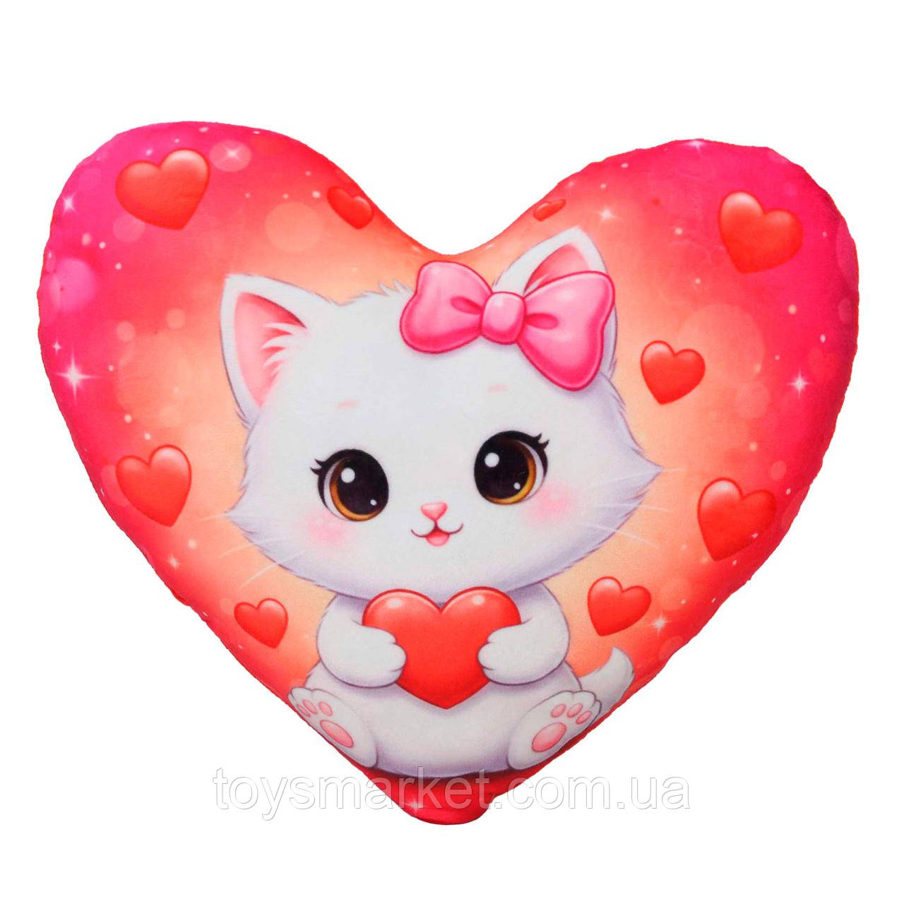 Подушка сердечко з принтом котик, Валентинка, 35 см