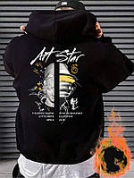 Чоловіче чорне стильне оверсайз худі з трендовим принтом