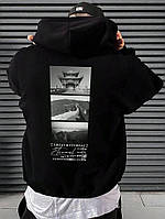 Чоловіче чорне стильне оверсайз худі з трендовим принтом
