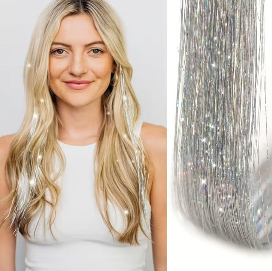 Набір 10 штук блискучі срібні голографічні пасма для волосся на стрічці блискучі декоративні нитки для волосся silver на стрічці