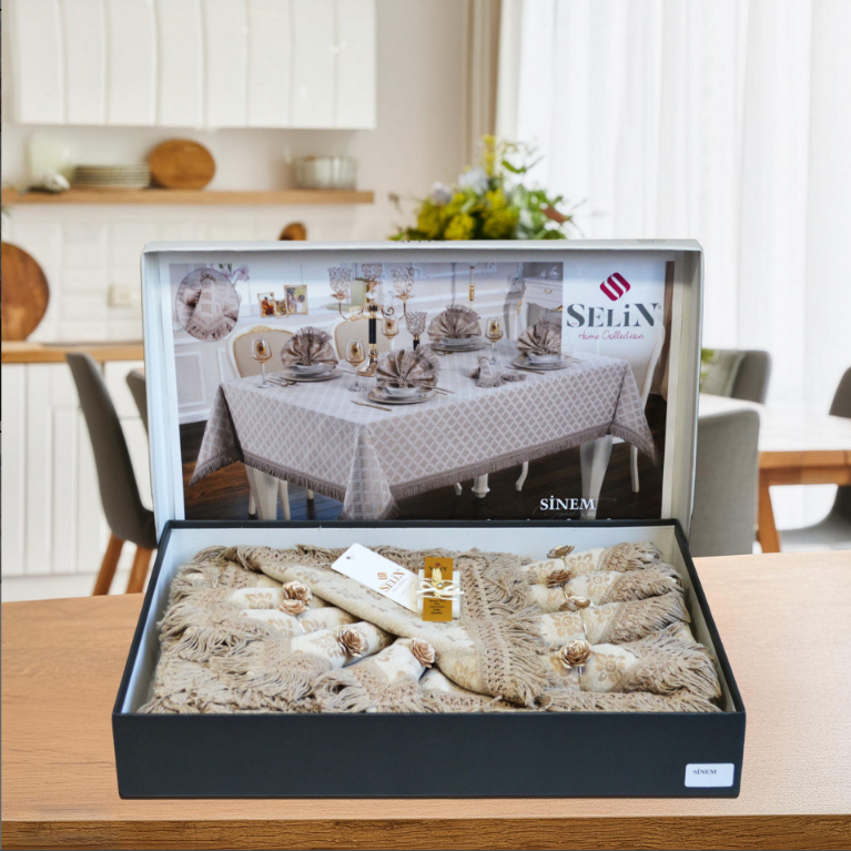 Скатертина на стіл натуральна 12 серветок 160х300 турецька, святкова скатертина красива прямокутна Бежева, фото 1