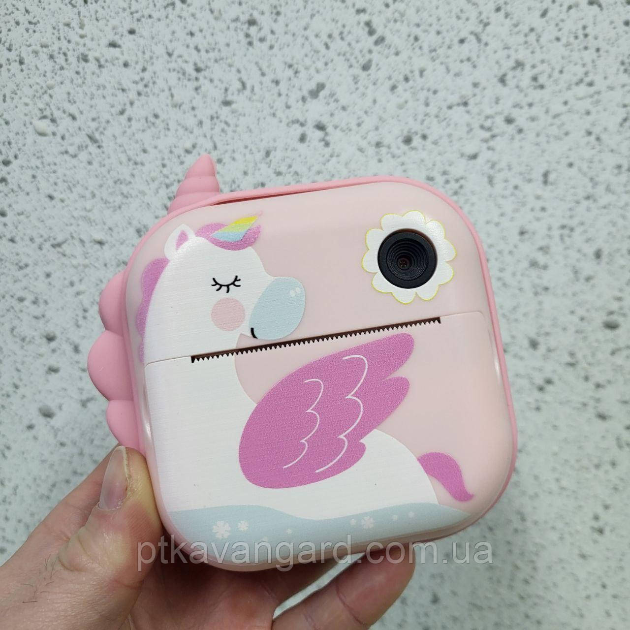 Фотоапарат принтер дитячий "Єдинорог" з миттєвим друком, міні принтер фотоапарат з рулонами паперу, рожевий, фото 1