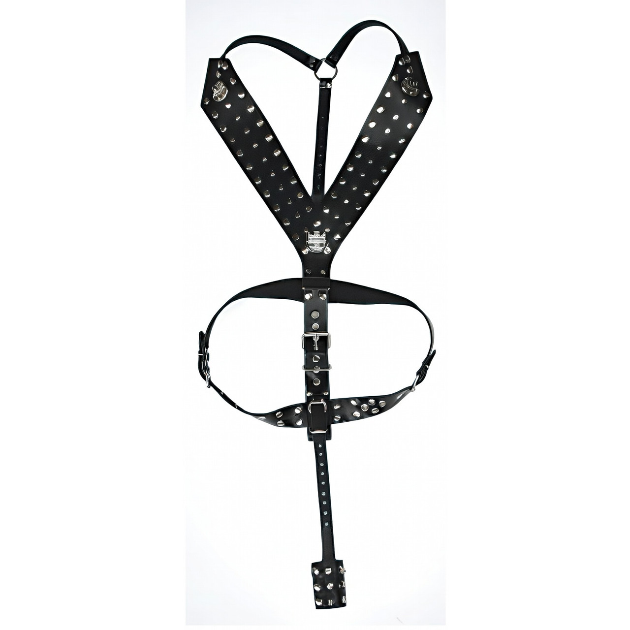 Збруя для тіла чоловіча зі шкіри з регульованими ременями, заклепками і фіксатором пеніса для БДСМ, фото 1