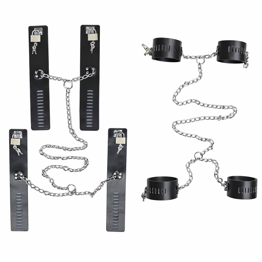 БДСМ-набір фіксаторів рук і ніг шкіряний чорний з ланцюгами та замками, фото 1