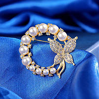 Брошка "Вінок з метеликом", жовтий метал