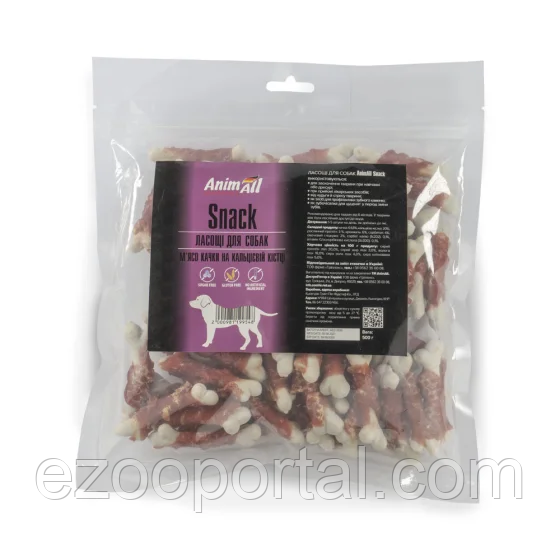 Ласощі AnimAll Snack мʼясо качки на кальцієвій кістці для собак 500г, фото 1