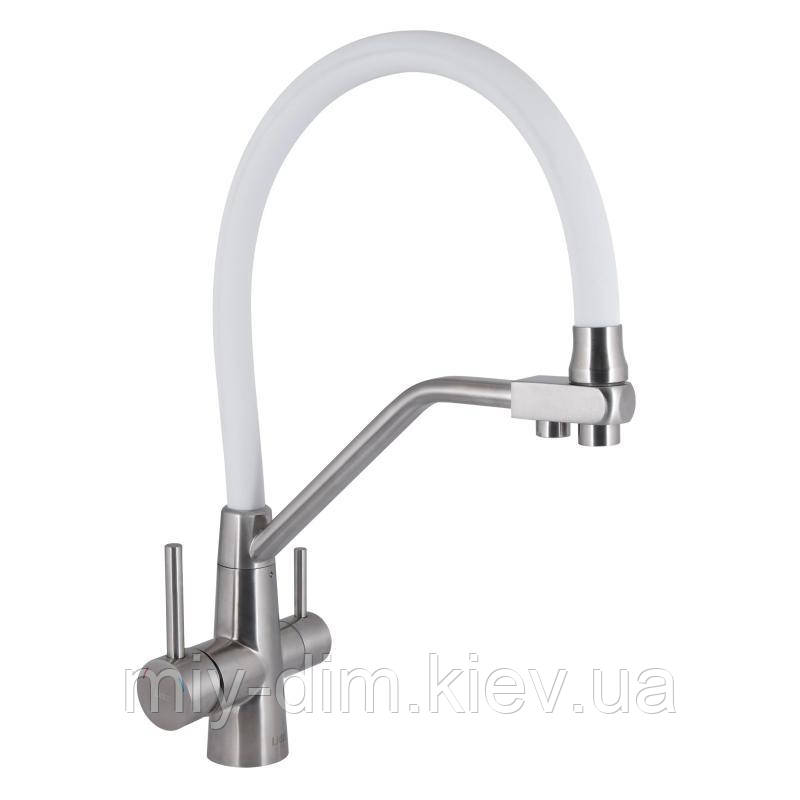 Змішувач для кухні Lidz Aria 020F3 з гнучким виливом з підключенням для питної води (k35) LDARI020F3WNK39480 White / Nickel