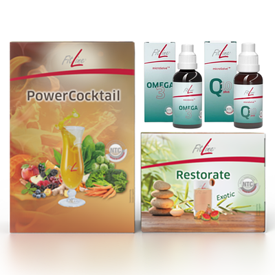 Набір FitLine Power Cocktail + Restorate Exotic + Q10 Plus + Omega 3+E