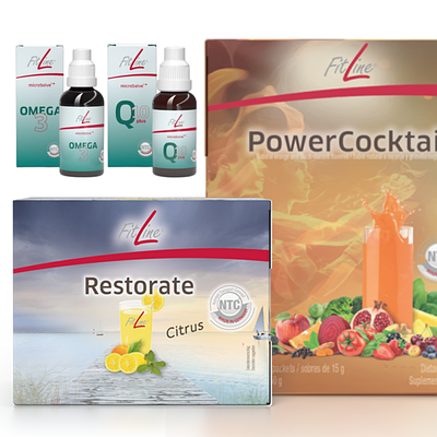Набір FitLine Power Cocktail + Restorate Citrus + Q10 Plus + Omega 3+E