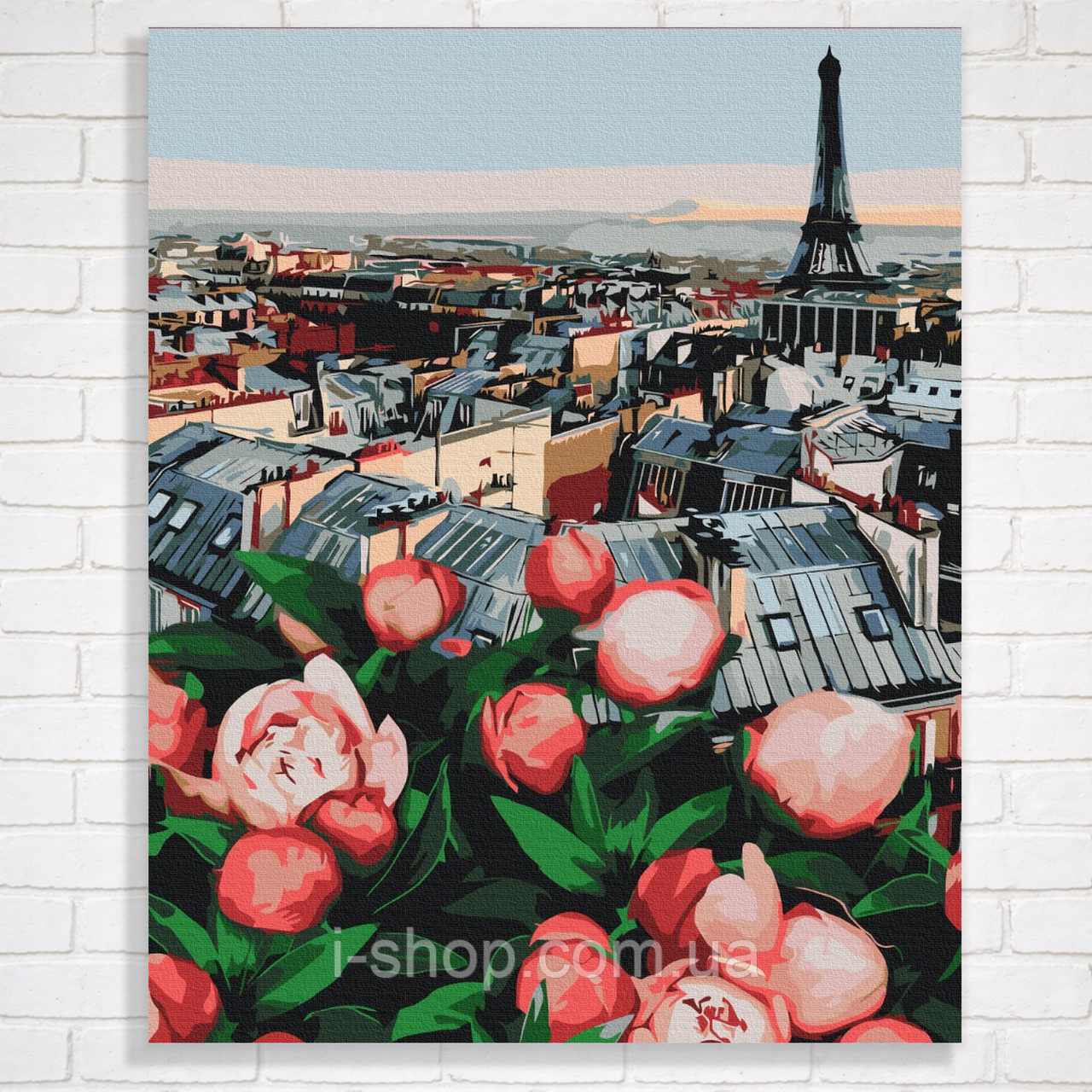 Картина за номерами фарбами для дорослих на деревʼяній основі 40x50 Півонії з видом на Париж складна, фото 1