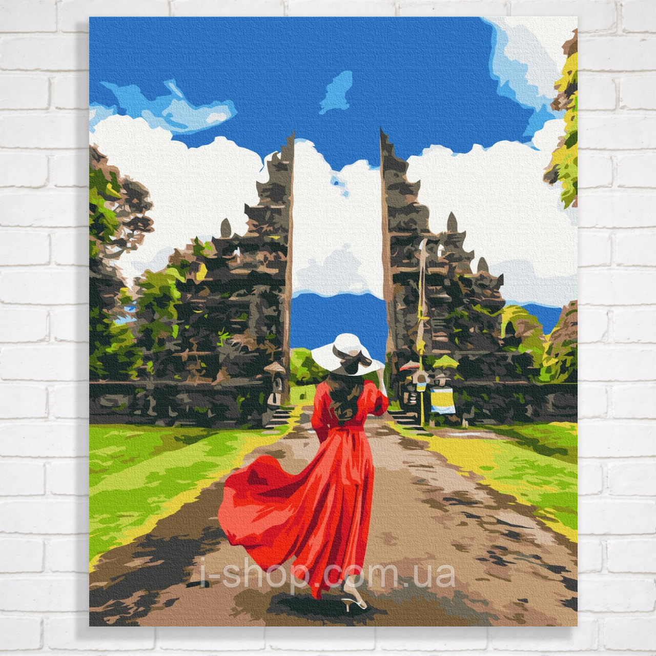 Набір для розпису за номерами для дорослих на дерев’яній основі 40x50 Мандрівниця біля храму Лемпуянг складний, фото 1