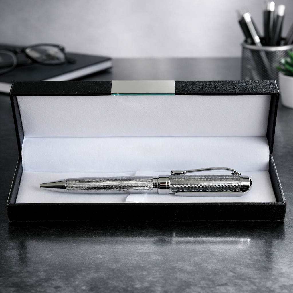 Подарункова кулькова металева ручка в срібному кольорі в коробочці, фото 1