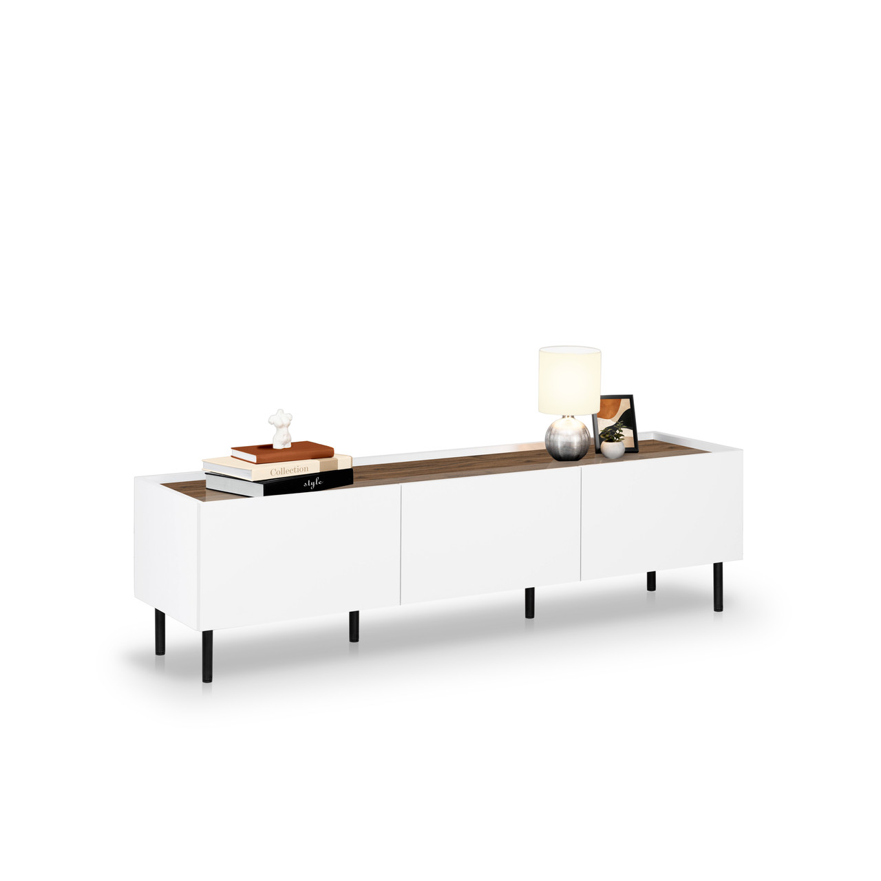 Довга тумба під телевізор ТВ 160 см на ніжках низька з шухлядами без ручок у спальню вітальню Нео 1.6м Миро Марк білий+дуб ліворно, фото 1