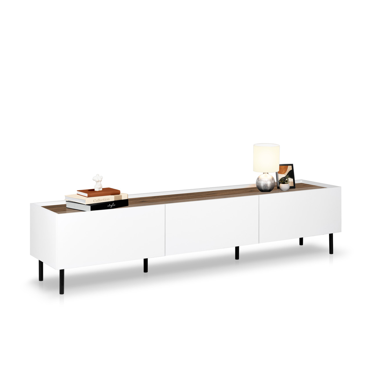 Тумба під телевізор ТВ 2 метри довга низька з шухлядами без ручок на ніжках у спальню вітальню Нео 1.6 Миро Марк білий+дуб ліворно, фото 1