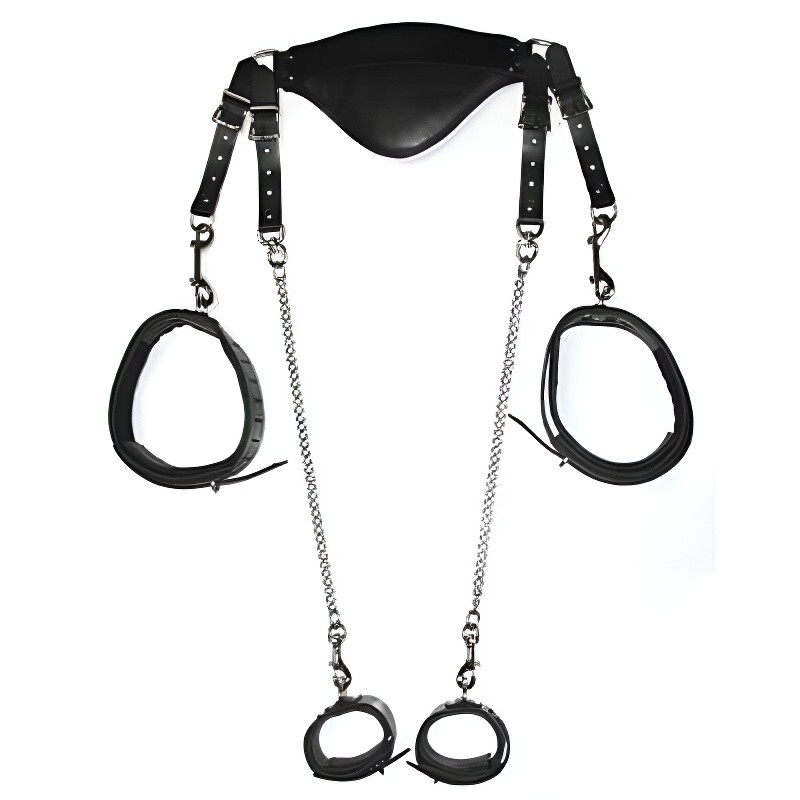 Шкіряний BDSM фіксатор для шиї стегон і кісточок із ланцюгами чорний регульований, фото 1