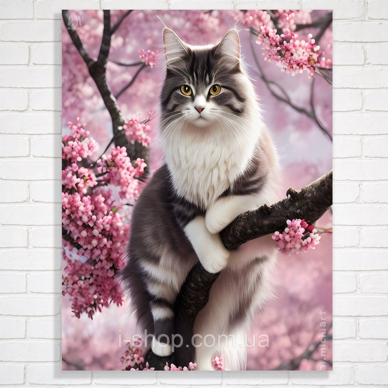 Алмазна мозаїка кішка на квітучій гілці 30x40 см з рамкою набір для творчості Dreamtoys у коробці, фото 1