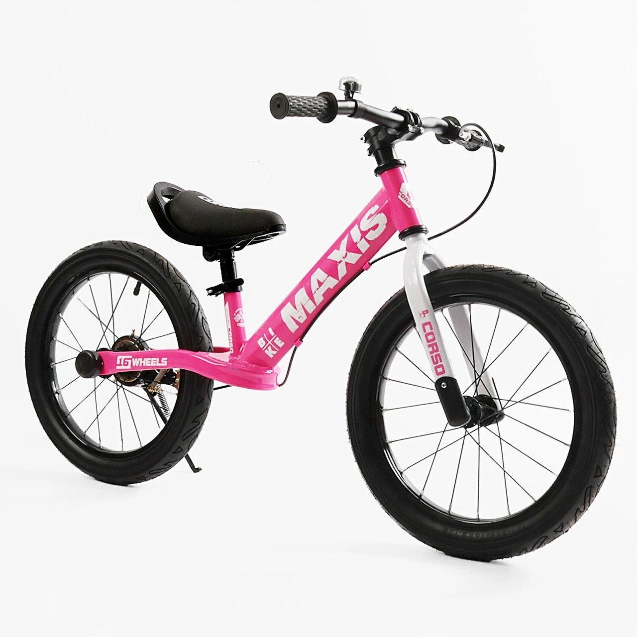 Велобіг дитячий 16 дюймів CORSO MAXIS MX-48018 Рожевий, ручне заднє гальмо, підніжка, дзвінок, біговел, фото 1