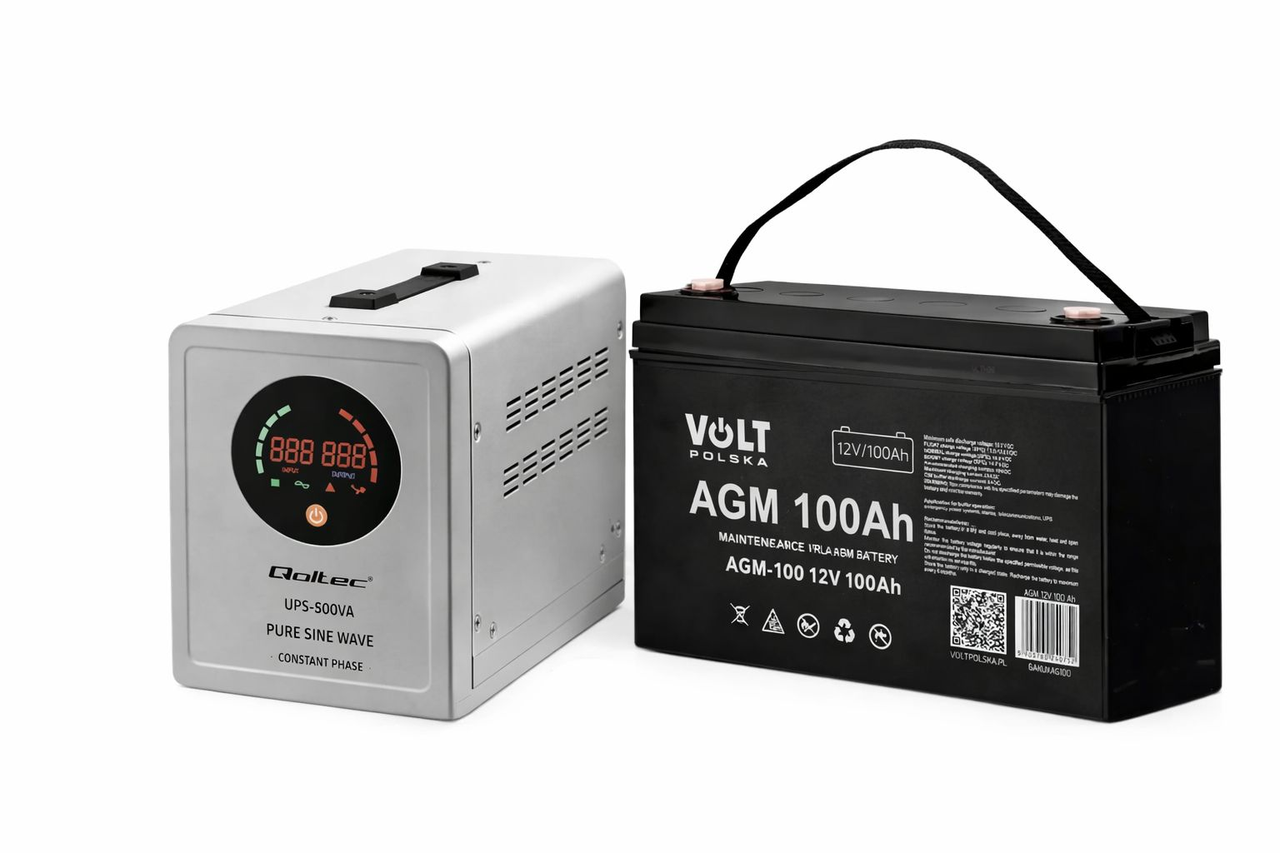 Комплект ДБЖ Qoltec 350 Вт/500 ВА SF чиста синусоїда + Акумулятор AGM 12 В 100 А·год необслуговуваний VOLT POLSKA, фото 1